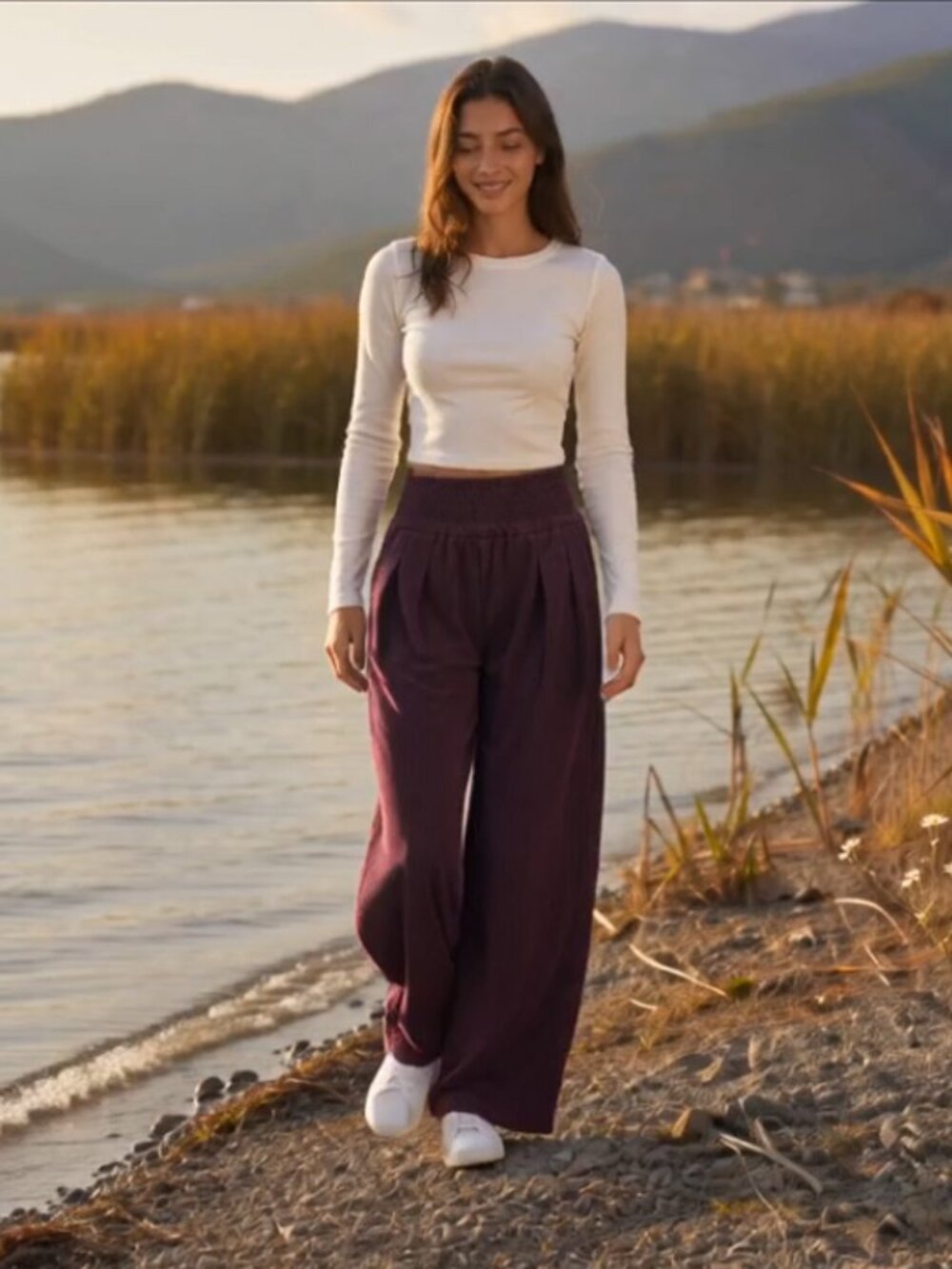 Wide Leg Palazzo Corduroy Pants Smocked Elastic Waist Pockets - Picture 6 of 7